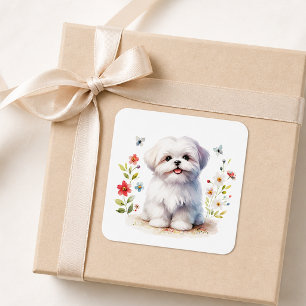 Adesivo Quadrado Filhote de Shih Tzu Fofo Aquarela Floral