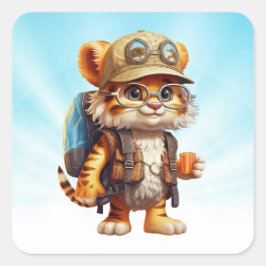 Adesivo Quadrado Filhote de Tigre Alegre com Mochila e café