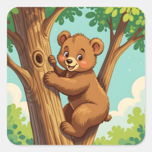 Adesivo Quadrado Filhote de urso fofo subindo em uma árvore