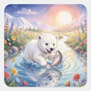Adesivo Quadrado Filhote de Urso Polar Brincando com um Peixe