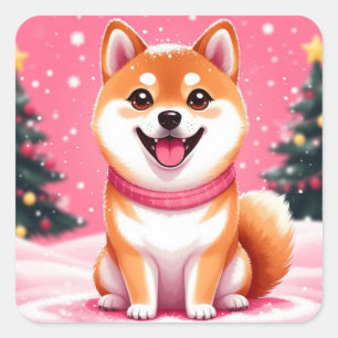 Adesivo Quadrado Filhote Feliz de Shiba Inu Perto das Árvores de Na