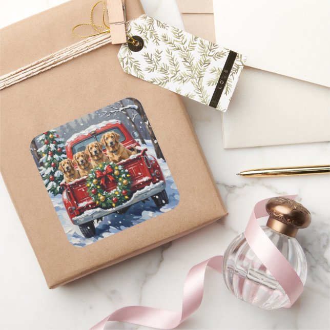 Adesivo Quadrado Finnish Lapphund Christmas Red Truck Holiday (Presentear)