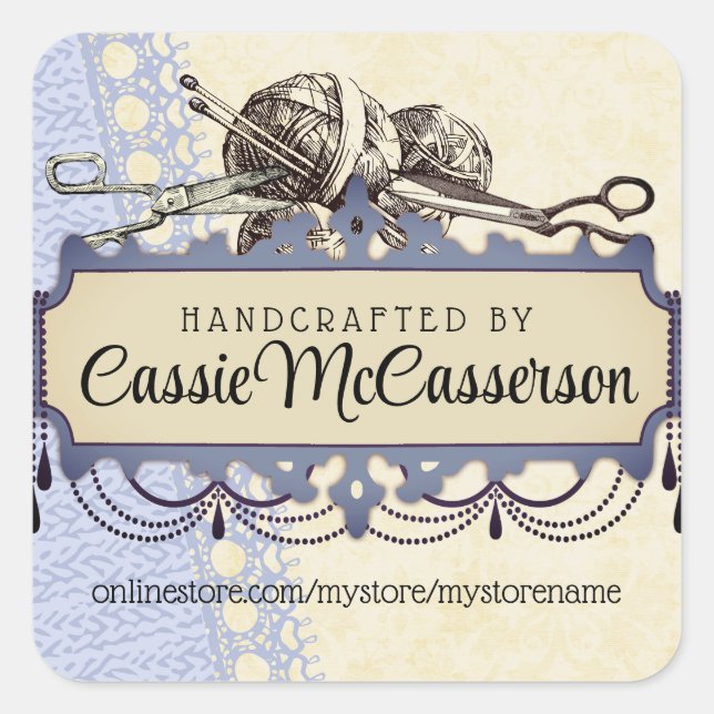 Adesivo Quadrado Fios agulhas de tricô com chique e caldeira (Frente)