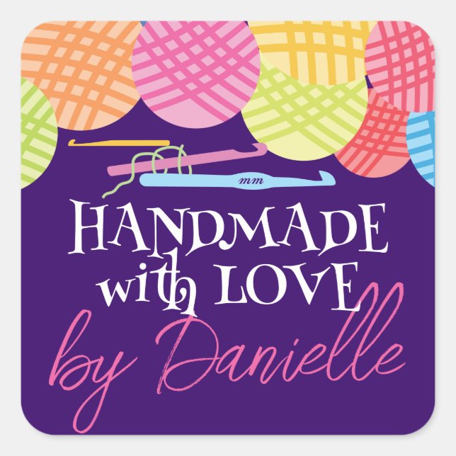 Adesivo Quadrado Fios de anzol crochado feitos à mão com amor (Frente)