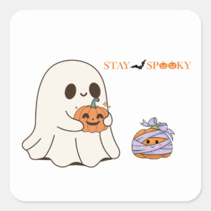 Adesivo Quadrado Fique Feliz Fantasma e Pumpkin na Festa de Hallowe