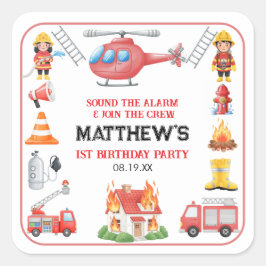 Adesivo Quadrado Firetrucks Boy 1st Birthday | Cute Little party