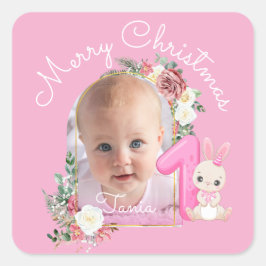 Adesivo Quadrado First Christmas Pink Baby Girl Photo floral