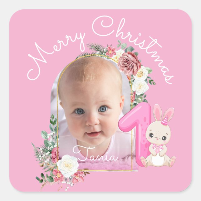 Adesivo Quadrado First Christmas Pink Baby Girl Photo floral (Frente)