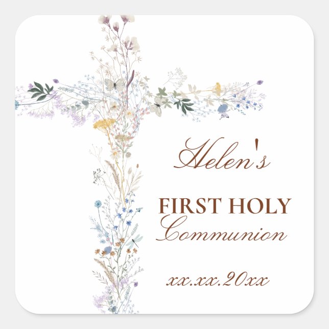 Adesivo Quadrado First Holy Communion floral cross (Frente)