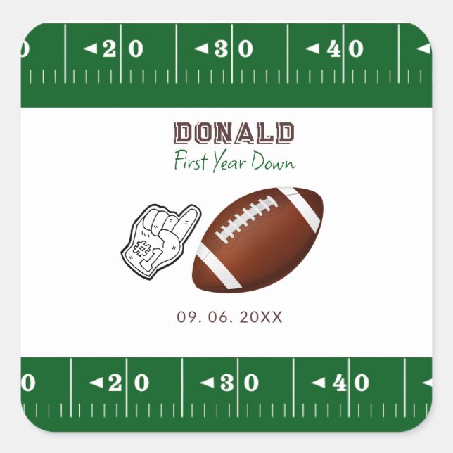 Adesivo Quadrado First Year Down Football Birthday  (Frente)