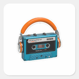 Adesivo Quadrado Fita Cassete Azul Retro com Fones de Ouvido Laranj