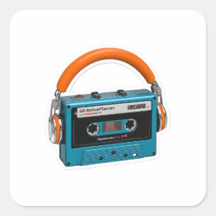 Adesivo Quadrado Fita Cassete Azul Retro com Fones de Ouvido Laranj
