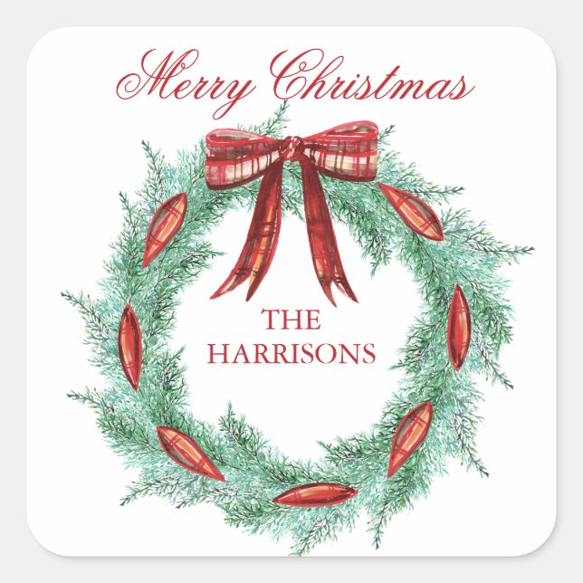 Adesivo Quadrado Fita de Fita de Xadrez de Aquarela Natal (Frente)