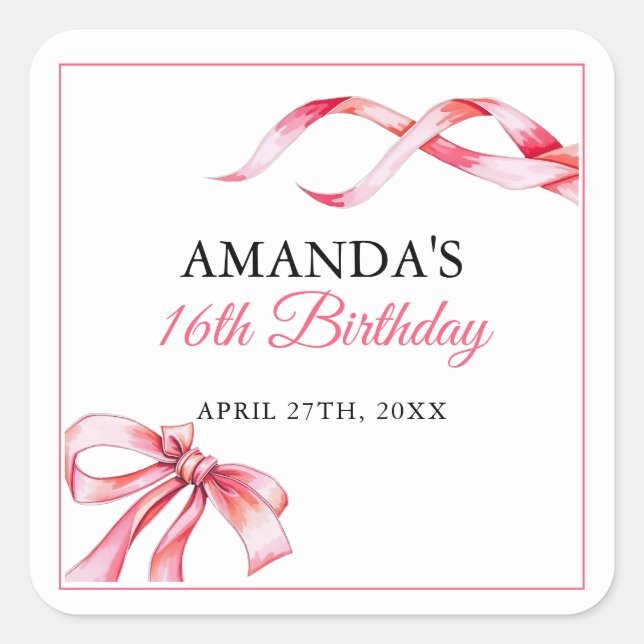 Adesivo Quadrado Fita Flutuante Cor-de-Água Rosa Doce 16 Aniversári (Frente)