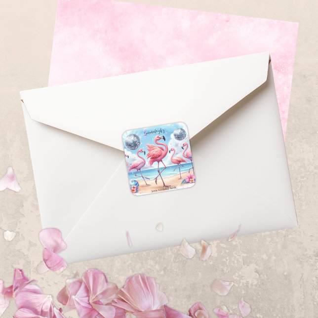 Adesivo Quadrado Flamingo Birthday Beach Party (Criador carregado)