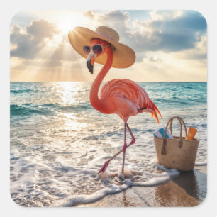 Adesivo Quadrado Flamingo Chic com Chapéu de Sol e Óculos de Sol