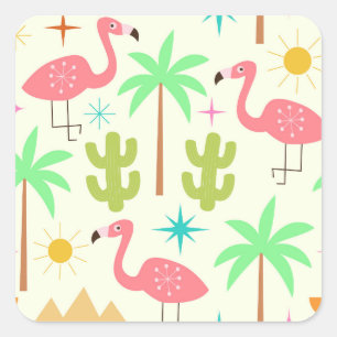 Adesivo Quadrado Flamingo com Árvores no Estilo Mid Century Palm Sp