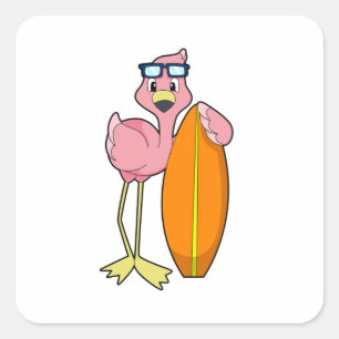Adesivo Quadrado Flamingo como Surfer com Surfboard.PNG