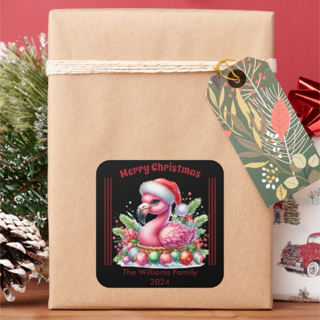 Adesivo Quadrado Flamingo de Natal divertido com um toque personali (Feriado)