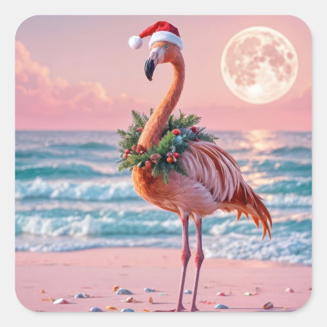Adesivo Quadrado Flamingo de Natal em uma praia rosa (Frente)