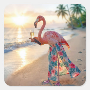 Adesivo Quadrado Flamingo de Saia Segurando uma Taça de Champanhe