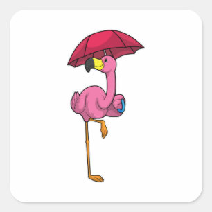 Adesivo Quadrado Flamingo na chuva com guarda-chuva
