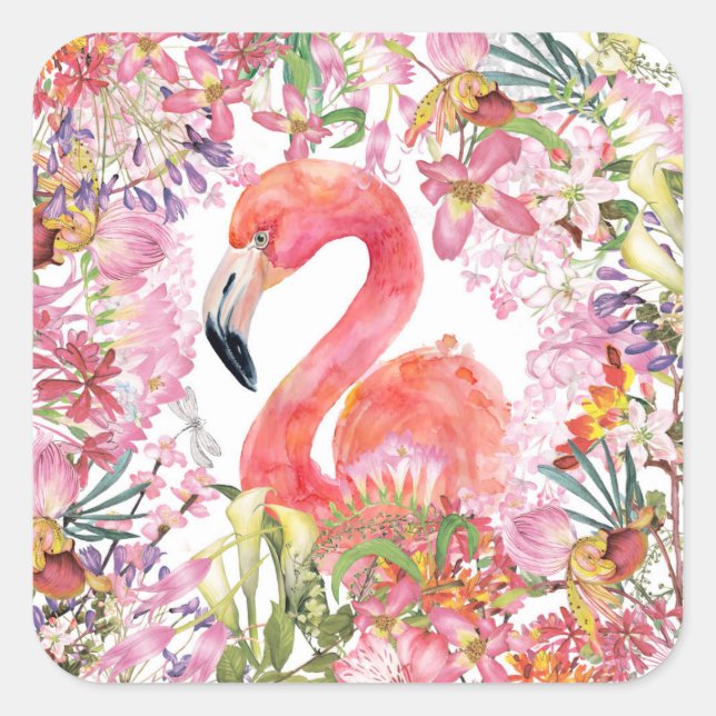Adesivo Quadrado Flamingo na Selva Flor - Padrão de Verão (Frente)