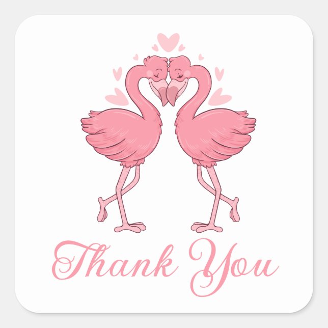 Adesivo Quadrado Flamingo Pink Tropical Beach Wedding Thank You (Frente)