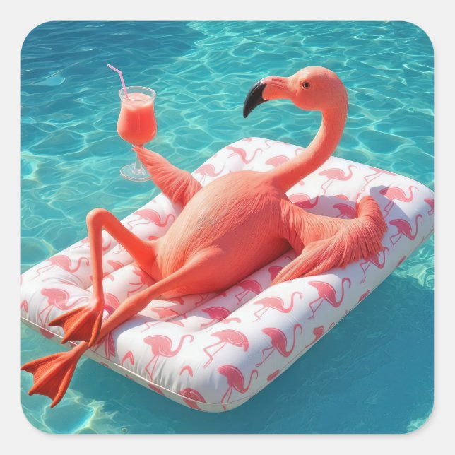 Adesivo Quadrado Flamingo Relaxing On a Pool Mattress (Frente)