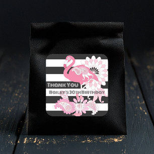 Adesivo Quadrado Flamingo Rosa Listras Preto e Branco Obrigado