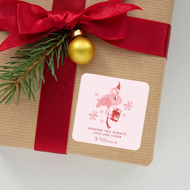 Adesivo Quadrado Flamingo Rosa Tropical de Natal Watercolor (Pink Flamingo Tropical Christmas Watercolor Square Sticker)