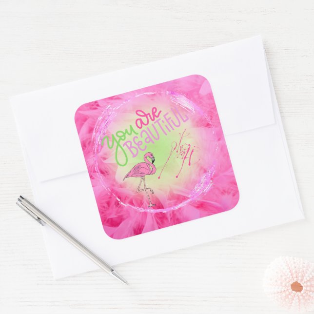 Adesivo Quadrado Flamingo Rosa Você É Belo Inspirador (Envelope)