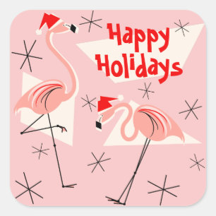 Adesivo Quadrado Flamingo Santas Pink Happy Holidays, quadrado