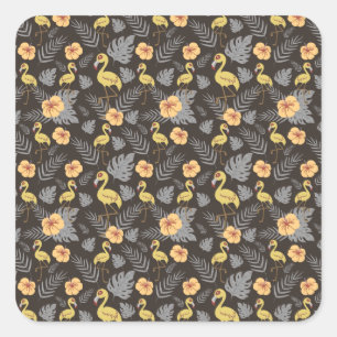 Adesivo Quadrado Flamingo sem costura, com flores e folhas