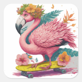 Adesivo Quadrado Flamingo Skater - Praça Tropical Skateboard Vibes