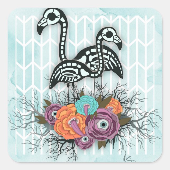 Adesivo Quadrado Flamingo Skeleton Halloween Composição (Frente)