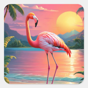 Adesivo Quadrado Flamingo Sunset Praia Tropical