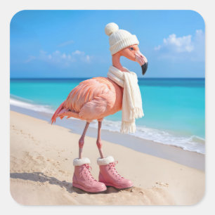 Adesivo Quadrado Flamingo Usando Cachecol e Chapéu de Inverno