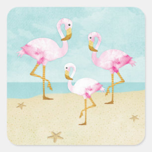 Adesivo Quadrado Flamingos cor-de-rosa da aguarela na praia