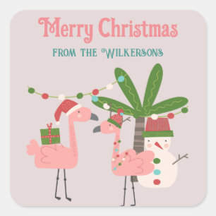 Adesivo Quadrado Flamingos cor-de-rosa tropical de Natal com pincel