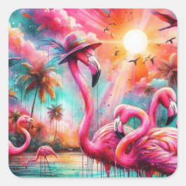 Adesivo Quadrado Flamingos Rosa Tropicais Palmeiras Palmeiras Teais