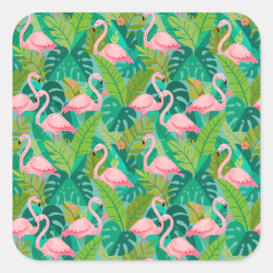 Adesivo Quadrado Flamingos Rosa Tropical Folhagem da Selva