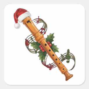 Adesivo Quadrado Flauta Gravador Instrumento Chapéu de Papai Noel N