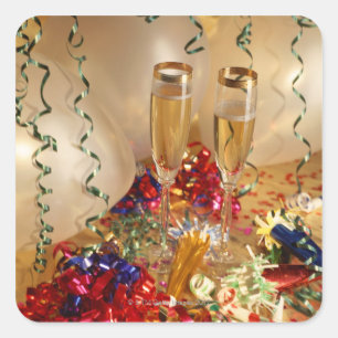 Adesivo Quadrado Flautas de Champagne, flâmulas e noisemakers
