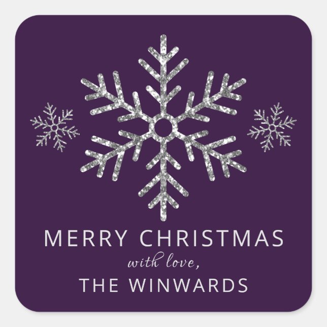 Adesivo Quadrado Floco de neve de Natal com brilho de prata roxa (Frente)