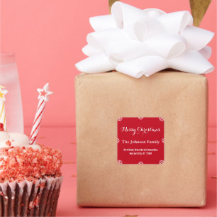 Adesivo Quadrado Flocos de neve com script vermelho de Natal elegan