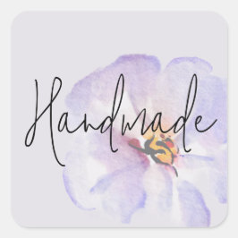 Adesivo Quadrado Flor de Aquarela Azul Lavanda Delicada Feita à Mão
