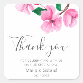 Adesivo Quadrado Flor de cereja. Casamento floral elegante Obrigado
