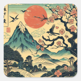 Adesivo Quadrado Flor de Cerejeira em Xilogravura Japonesa Montanha