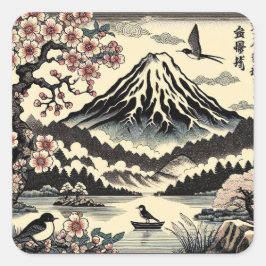 Adesivo Quadrado Flor de Cerejeira Japonês em Xilogravura Sol Monte